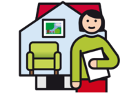 Der Umriss von einem Haus. Im Haus sieht man einen Sessel. Über dem Sessel hängt ein Bild. Vor dem Haus steht eine Person. Sie hält Papiere im linken Arm.