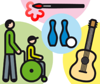 Es sind 4 verschiedene Sachen im Bild zu sehen: Links schiebt eine Person eine andere Person im Rollstuhl. Oben ist ein Pinsel zu sehen, der eine Blume malt.  In der Mitte sind zwei Kegel mit einer Kugel und rechts im Bild ist eine Gitarre zu sehen.