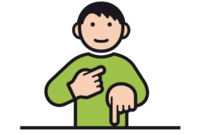 Eine Person zeigt mit einem Finger auf sich und mit dem anderen Finger auf ihren Standpunkt. 