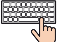 Eine Tastatur von einem Computer.  Eine Hand tippt auf eine Taste.